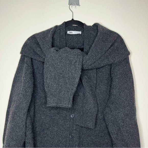 Zara 100% Wool Oversized Preppy Knotted Charcoal Grey Warm Cozy Sweater Cardigan - Picture 11 of 12